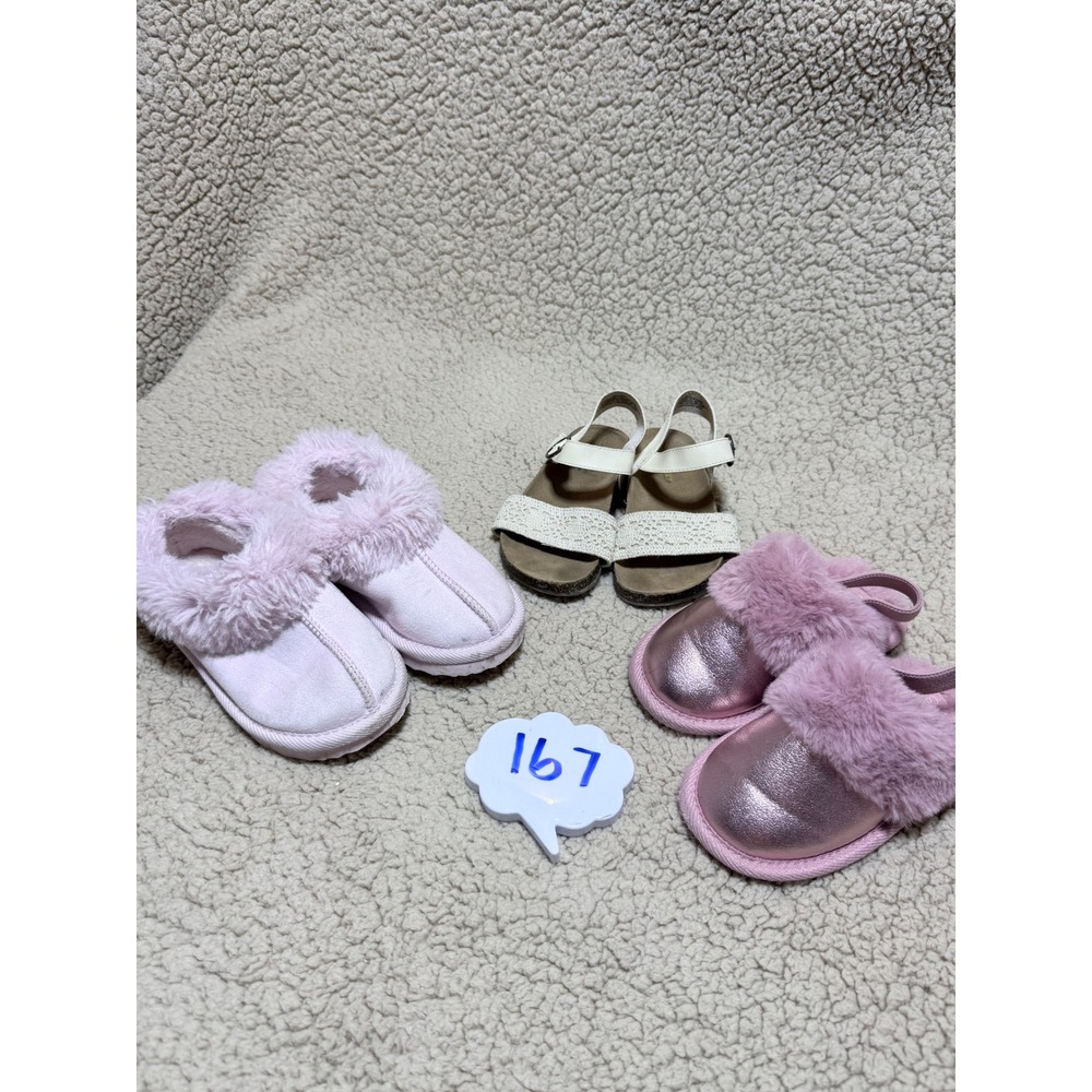 Toddler Girls Shoe Bundle Cat & Jack Pink Fur Slippers Booties Lace Sandals 3pr